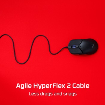 HyperX Pulsefire Haste 2 mouse on a red background White HyperX Pulsefire Haste 2 mouse on a red background, with the cable arching forward.