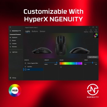 HyperX Pulsefire Haste 2 Mouse and NGENUITY Software Settings A white HyperX Pulsefire Haste 2 gaming mouse on a red background, with software settings displayed on the monitor.