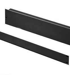 Two black 1U-sized blanking panels with pre-drilled mounting holes. Horizontal layout on a white background.