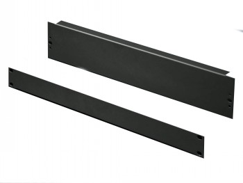 Rittal 1U black blanking panel, 2 pieces, high-quality installation accessory Two black 1U-sized blanking panels with pre-drilled mounting holes. Horizontal layout on a white background.