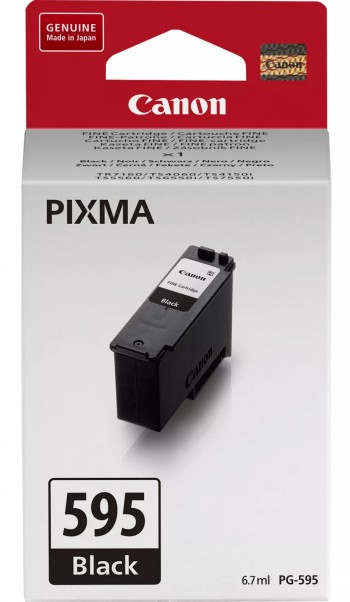 Canon PG-595 black ink cartridge in packaging, red top, white background.