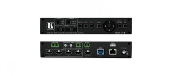 Kramer MV-4X versatile matrix switcher, black, front and back, two row perspective images.