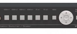 Black Kramer VP-440H2 presentation switcher with multiple buttons and connectors on the front panel.
