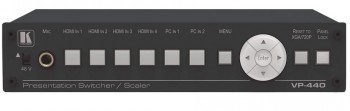 Black Kramer VP-440H2 presentation switcher with multiple buttons and connectors on the front panel.