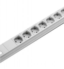 Metallic power strip with seven European sockets, gray color, horizontal position.