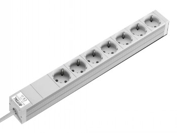 Rittal power strip 250V/16A, seven sockets Metallic power strip with seven European sockets, gray color, horizontal position.