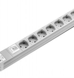 Rittal power strip with 7 sockets, white, 250V/16A A long white power strip with seven sockets and a power switch, placed on a white background.