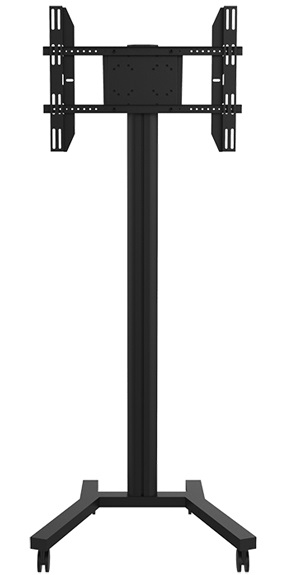 Black, tall, and sturdy monitor stand with adjustable mounting arms and a stable base.