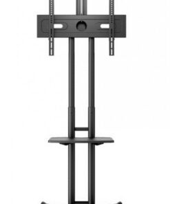 A tall floor stand made of black metal with an adjustable shelf and wheels.
