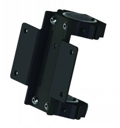 Black metallic MB Pro Series Pole Clamp, including mounting screws. Photographed from a front angle.