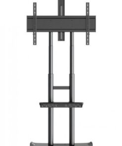A black metal floor stand for monitors with adjustable height and wheels.