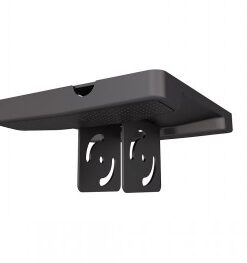 The stylish rounded design of the black ceiling plate with a plastic cover attached, depicted from the side.