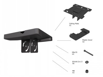 Multibrackets MB PRO SERIES black ceiling plate package with installation accessories Multi-part black ceiling plate and plastic cover, includes installation accessories, view of parts detailed on a white background.