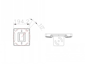 Multibrackets MB PRO SERIES - black ceiling plate with plastic cover A black square-shaped ceiling plate with a plastic cover, depicted from the front and side in a technical drawing.