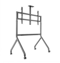 Silver-gray floor stand for large 65-100 inch monitors, equipped with wheels.