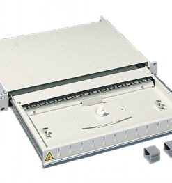 A metallic light gray fiber optic cable enclosure with a sliding lid and three separate small protective covers.