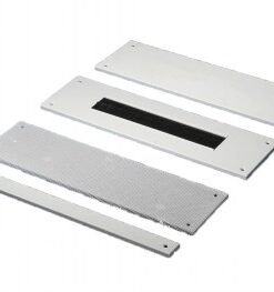 Rittal TE module alignment plate 450x150 in various variations White Rittal TE module alignment plate, rectangular, available in different variations, pictured from above.