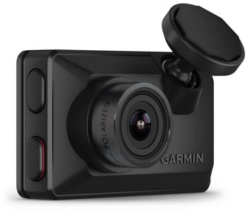 Garmin Dash Cam Mini X210 dashboard camera with advanced features Compact black Garmin Dash Cam Mini X210 dashboard camera, lens and mounting bracket, side profile.
