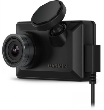 Garmin Dash Cam Mini X210 compact dashboard camera Black Garmin Dash Cam Mini X210 camera device with a lens on the left and a USB port on the right.