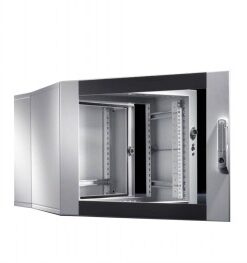 Light gray three-section wall cabinet with open door solutions, metallic surface.