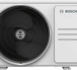 White Bosch outdoor unit, air conditioner, front view, round fan, and Bosch logo in the top right corner.