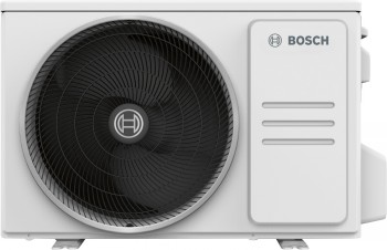 White Bosch outdoor unit, air conditioner, front view, round fan, and Bosch logo in the top right corner.