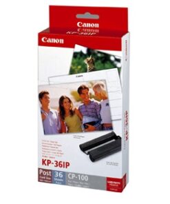 Canon KP-36IP ink and photo paper pack containing 36 sheets of postcard-sized paper and an ink cartridge.