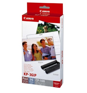 Canon KP-36IP ink and photo paper pack containing 36 sheets of postcard-sized paper and an ink cartridge.