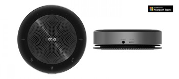 Round, black speaker with buttons on the edge. Side profile and top view.