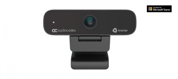 Black-framed webcam on a stand, lens in the center, Kramer logo on the right.