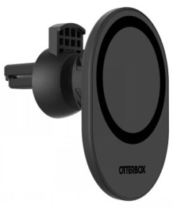 A black Otterbox MagSafe phone mount that attaches to a car's air vent. Viewed from the side.