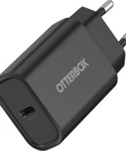 Black Otterbox USB-C wall charger, compact 30 W model featuring one USB-C port and a European plug.