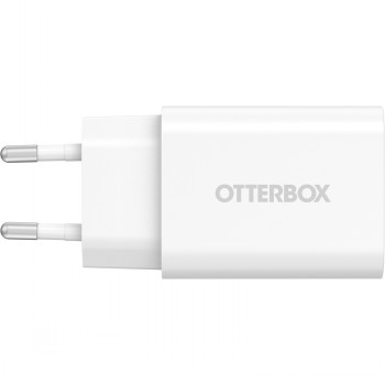Otterbox USB-C wall charger 30W, minimalist white design White Otterbox USB-C wall charger, 30W power, European plug, horizontal position.