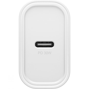Otterbox Standard 30W USB-C Wall Charger - Stylish and Compact White rectangular wall charger with a USB-C port and the label PD 30W, depicted directly from the front.