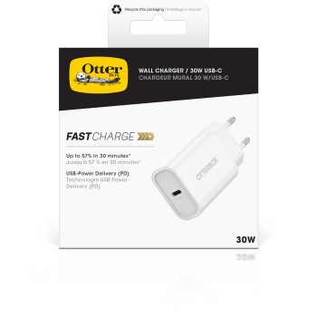 Otterbox 30W USB-C wall charger in white, compact and powerful. White Otterbox USB-C wall charger, compact and stylish design, 30W power, packaging visible in the background.