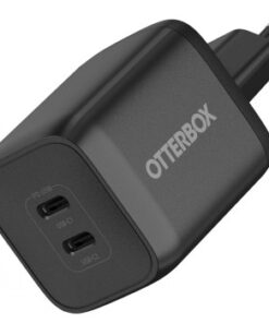Black Otterbox 65W EU wall charger, two USB-C ports, minimalist design.