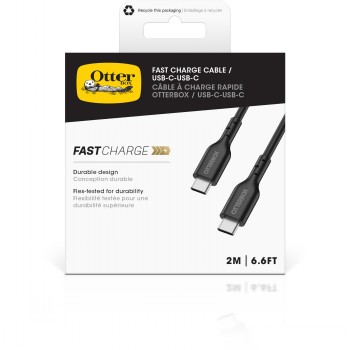 Otterbox USB-C cable 2 meters black in package Black Otterbox USB-C cable, length 2 meters, black cord and connectors, texts and logos visible on the front of the package.