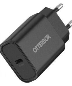 Black Otterbox USB-C wall charger with a 20W USB-PD port and two metallic prongs.