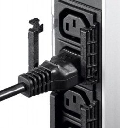 The power distribution unit socket, a black lockable C13 cable connected to a sturdy module.