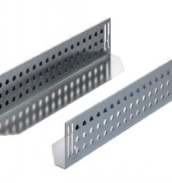 Silver-colored, perforated metal sliding rails viewed from the side. Two pieces.