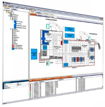 Monitor displaying the interface and floor plan of the Rittal Rizone graphic tool software.