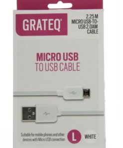 White 2.25-meter USB-A-Micro-USB cable in its packaging. Cable ends and product details are visible.