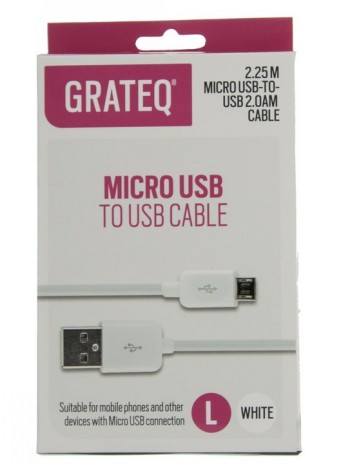 White 2.25-meter USB-A-Micro-USB cable in its packaging. Cable ends and product details are visible.