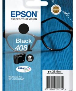 Epson 408L ink cartridge, black, packaging with black glasses on a blue background.