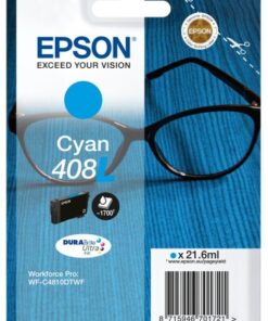 Epson Cyan 408L ink cartridge in packaging with a glass pattern background.
