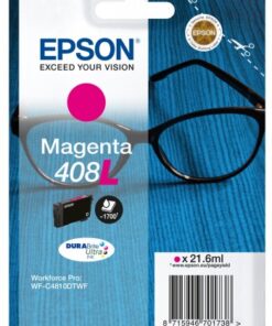 Epson magenta ink cartridge in its packaging, white background and blue pattern.