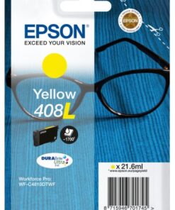Epson yellow 408L ink cartridge in its packaging, blue background.
