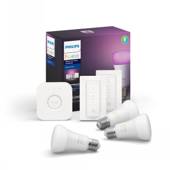 Philips Hue smart lighting kit with E27 LED bulbs, white wireless controller and bridge.