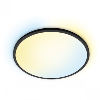 Round thin black-edged ceiling light with dimmable warm and cool light.