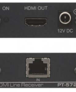 Black Kramer PT-572+ HDMI receiver with HDMI OUT connection and Ethernet port visible.
